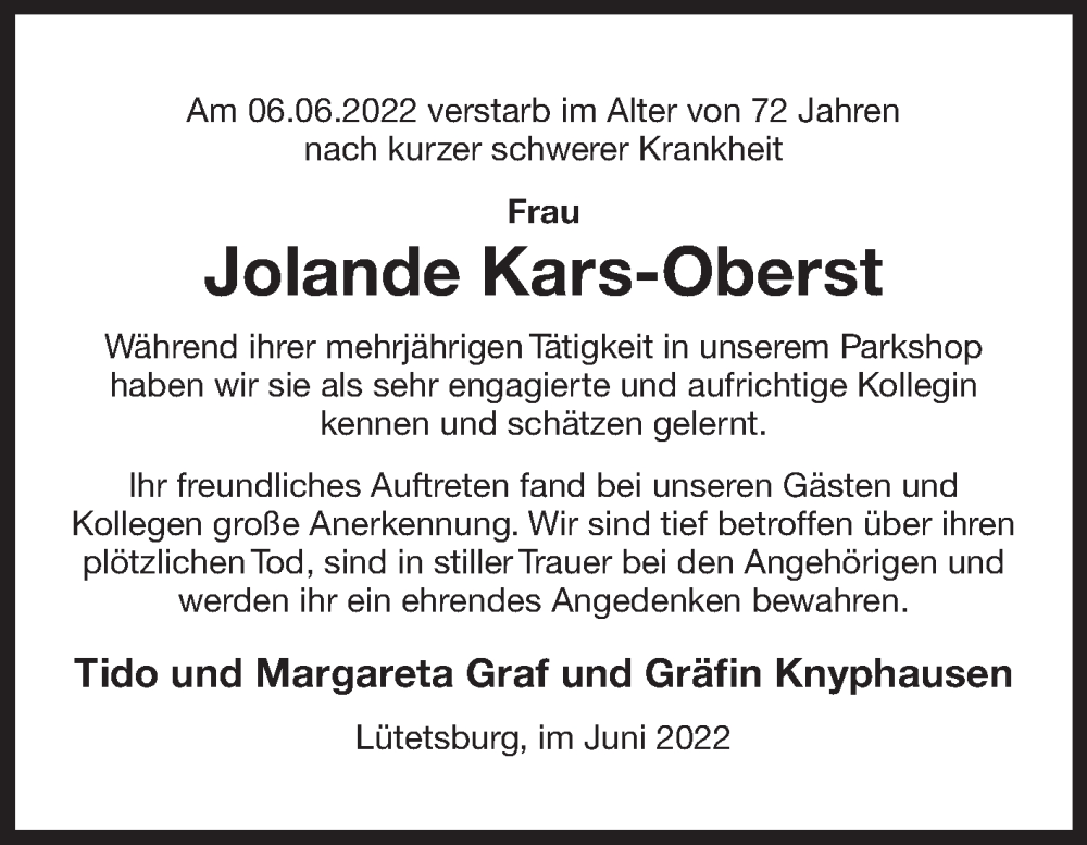  Traueranzeige für Jolande Kars-Oberst vom 11.06.2022 aus 