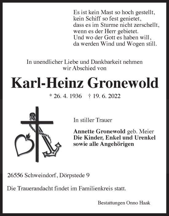 Traueranzeige von Karl-Heinz Gronewold 