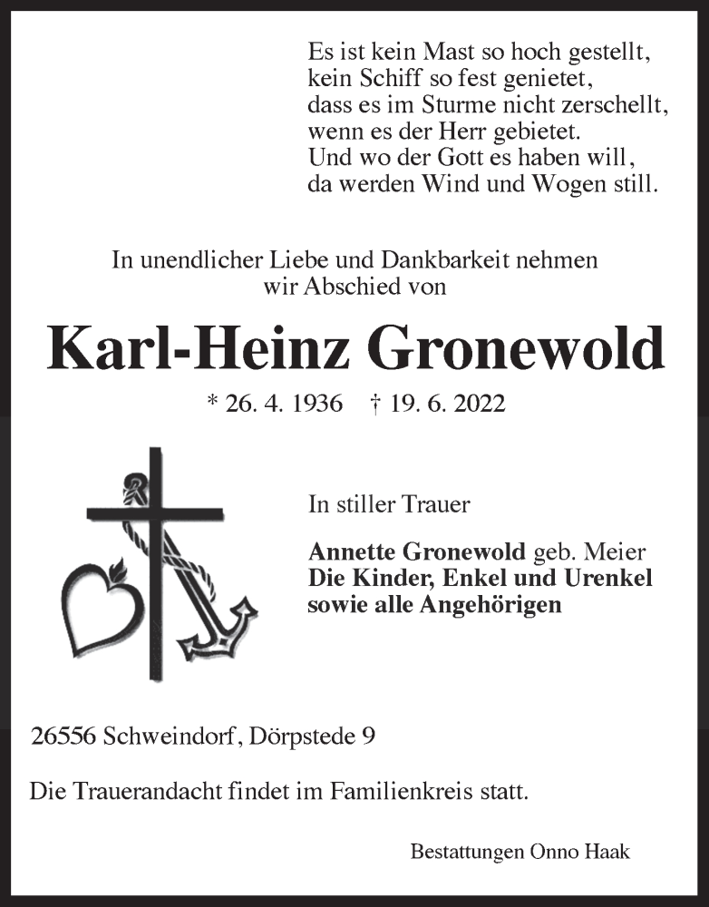  Traueranzeige für Karl-Heinz Gronewold vom 22.06.2022 aus 