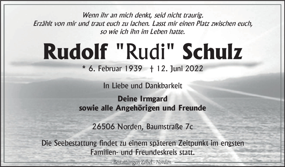  Traueranzeige für Rudolf  Schulz vom 18.06.2022 aus 