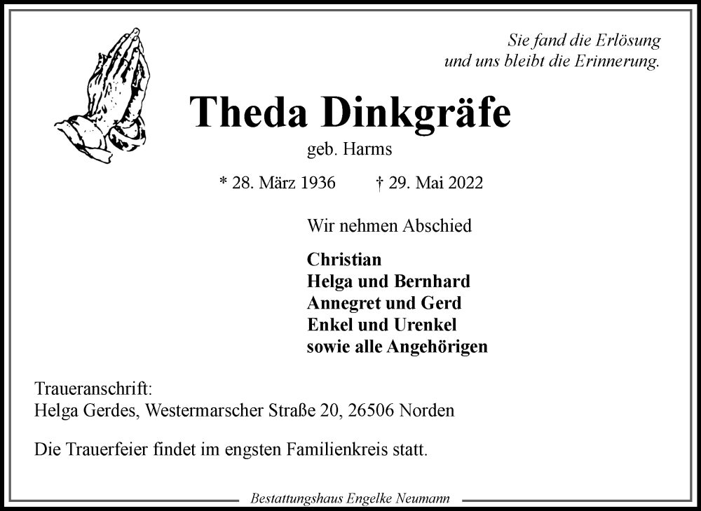  Traueranzeige für Theda Dinkgräfe vom 01.06.2022 aus 