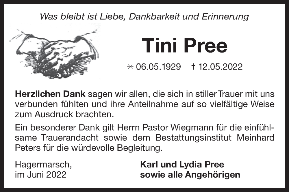  Traueranzeige für Tini Pree vom 18.06.2022 aus 