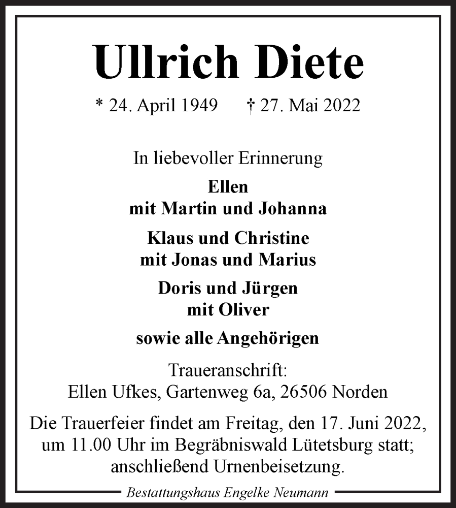  Traueranzeige für Ullrich Diete vom 01.06.2022 aus 