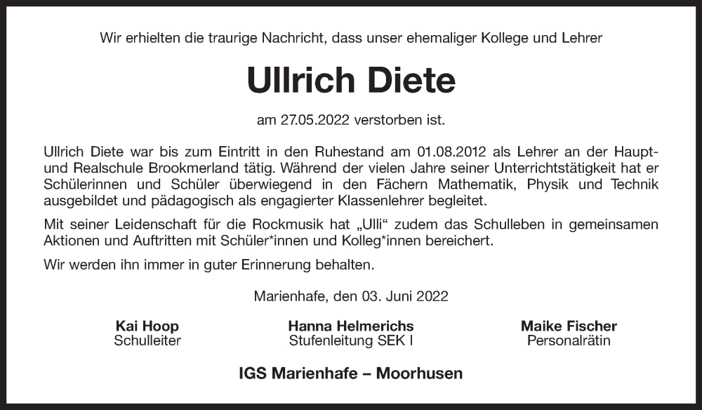  Traueranzeige für Ullrich Diete vom 04.06.2022 aus 