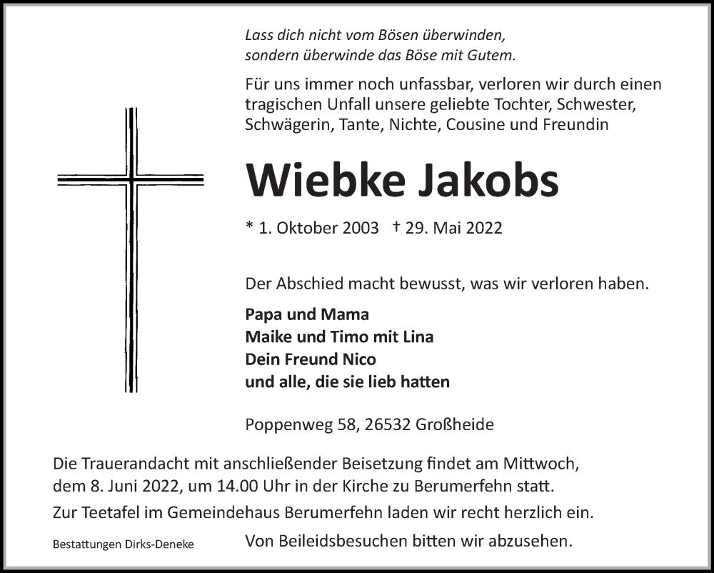  Traueranzeige für Wiebke Jakobs vom 04.06.2022 aus 