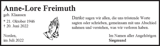 Traueranzeige von Anne-Lore Freimuth 