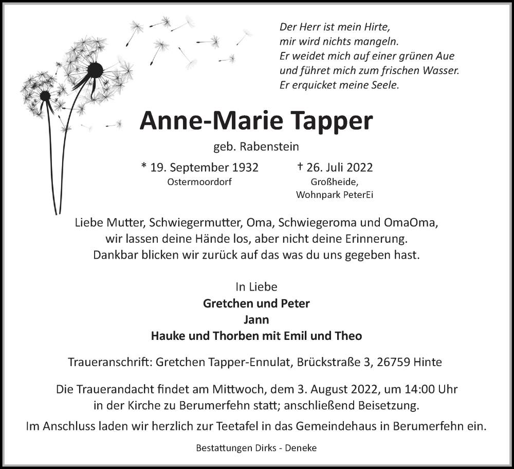  Traueranzeige für Anne-Marie Tapper vom 29.07.2022 aus 