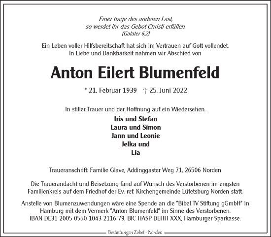 Traueranzeige von Anton Eilert Blumenfeld 