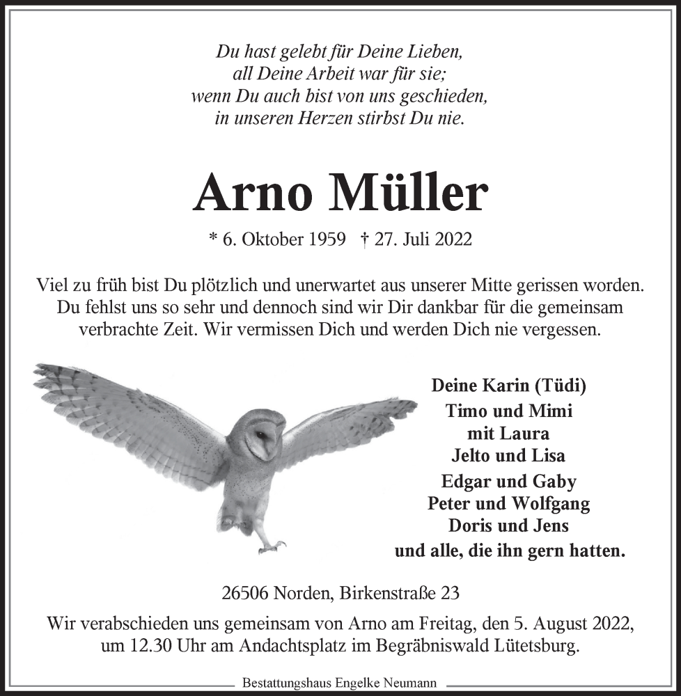  Traueranzeige für Arno Müller vom 30.07.2022 aus 
