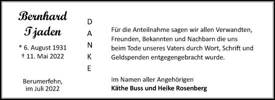 Traueranzeige von Bernhard Tjaden 