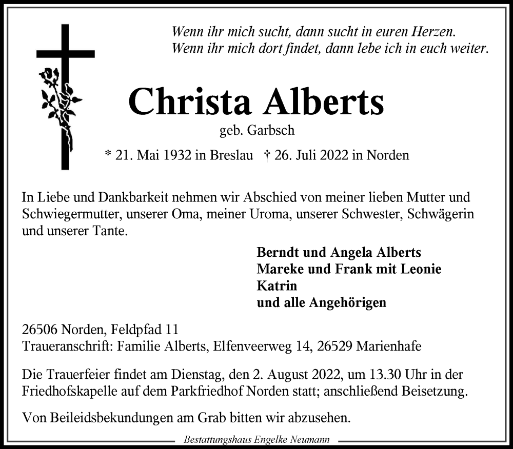  Traueranzeige für Christa Alberts vom 28.07.2022 aus 