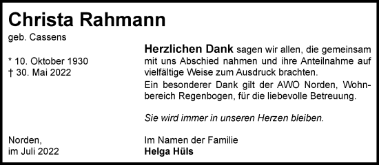 Traueranzeige von Christa Rahmann 