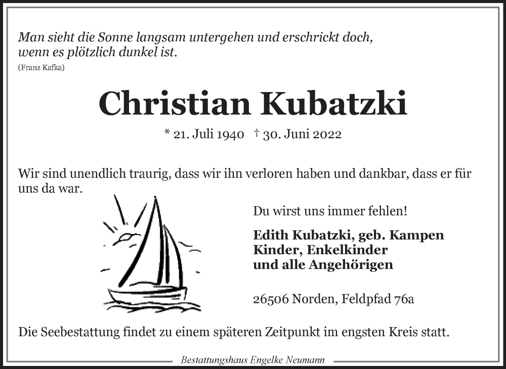  Traueranzeige für Christian Kubatzki vom 02.07.2022 aus 