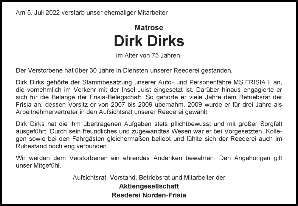  Traueranzeige für Dirk Dirks vom 12.07.2022 aus 