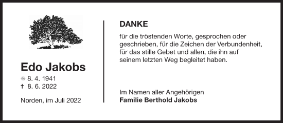 Traueranzeige von Edo Jakobs 