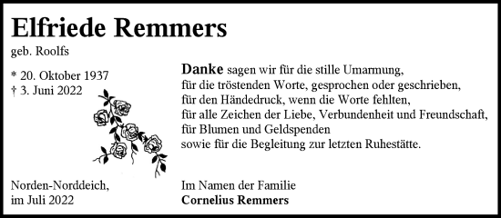 Traueranzeige von Elfriede Remmers 