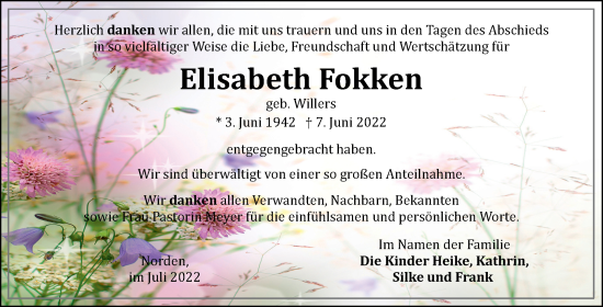 Traueranzeige von Elisabeth Fokken 