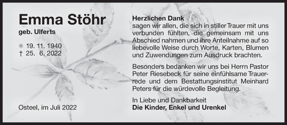  Traueranzeige für Emma Stöhr vom 30.07.2022 aus 