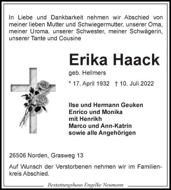 Traueranzeige von Erika Haack 