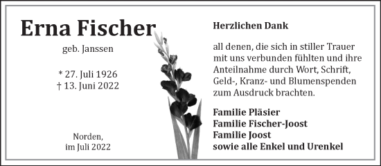 Traueranzeige von Erna Fischer 