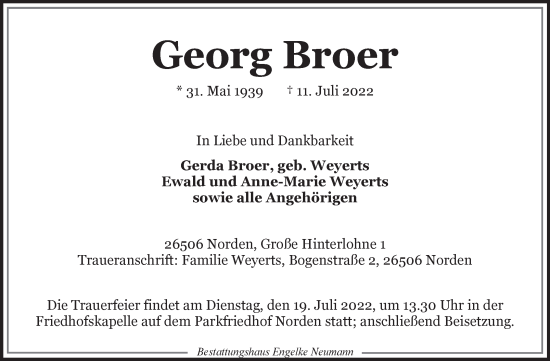 Traueranzeige von Georg Broer 