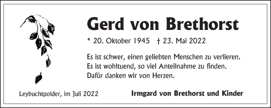 Traueranzeige von Gerd von Brethorst 
