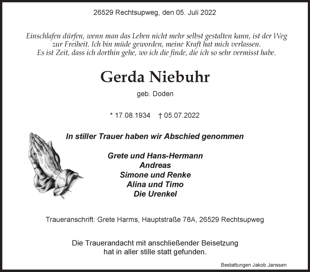  Traueranzeige für Gerda Niebuhr vom 13.07.2022 aus 