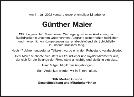 Traueranzeige von Günther Maier 