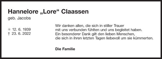 Traueranzeige von Hannelore Claassen 