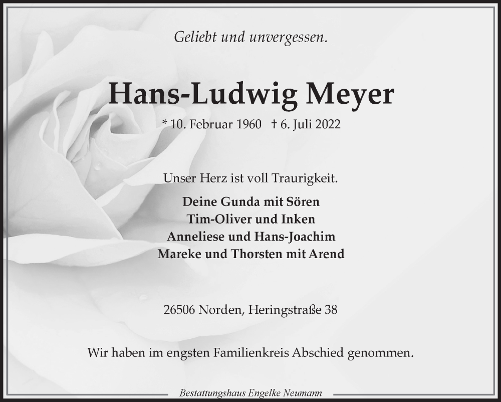  Traueranzeige für Hans-Ludwig Meyer vom 16.07.2022 aus 