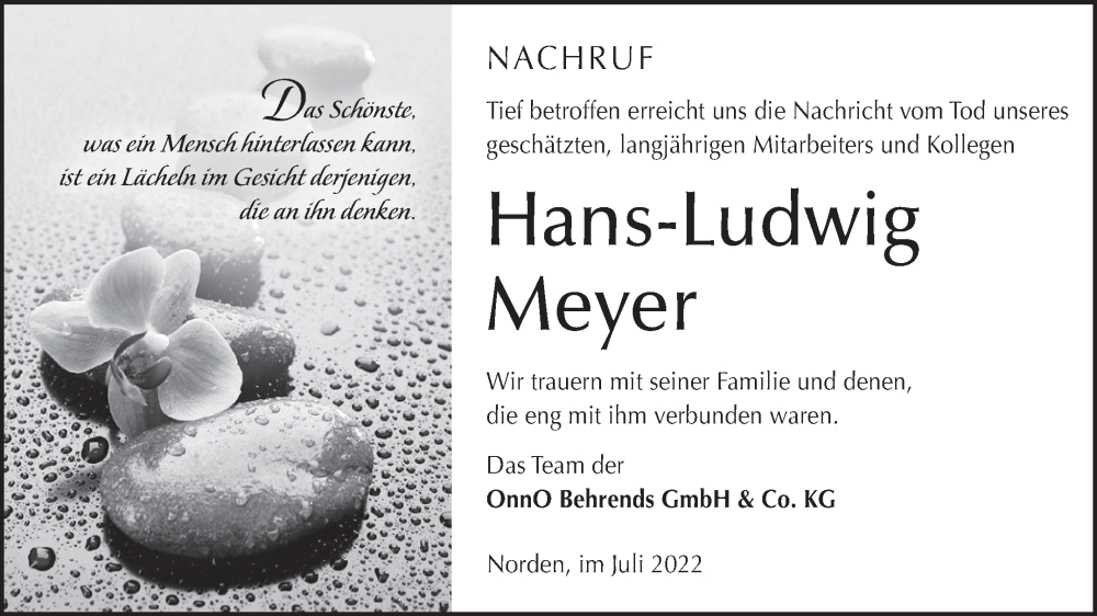  Traueranzeige für Hans-Ludwig Meyer vom 16.07.2022 aus 
