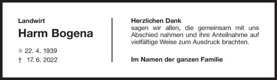 Traueranzeige von Harm Bogena 