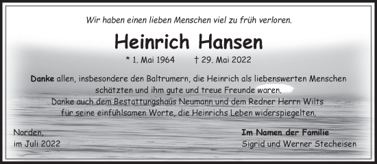 Traueranzeige von Heinrich Hansen 
