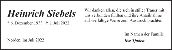 Traueranzeige von Heinrich Siebels 