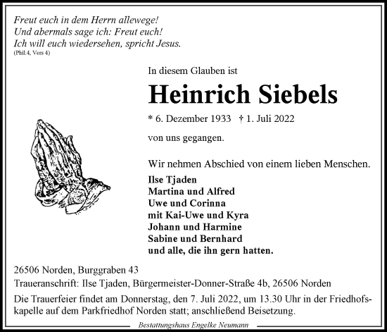 Traueranzeige von Heinrich Siebels 