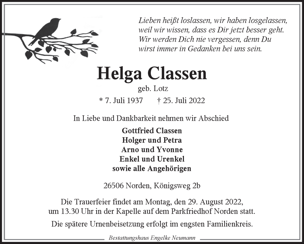  Traueranzeige für Helga Classen vom 30.07.2022 aus 
