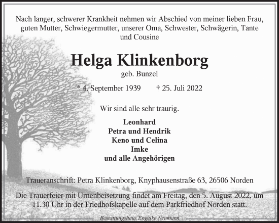 Traueranzeige von Helga Klinkenborg 