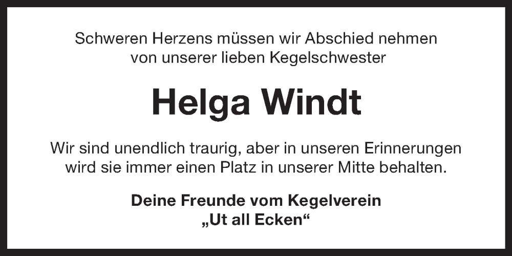  Traueranzeige für Helga Windt vom 30.07.2022 aus 