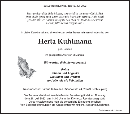Traueranzeige von Herta Kuhlmann 
