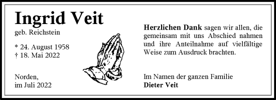 Traueranzeige von Ingrid Veit 