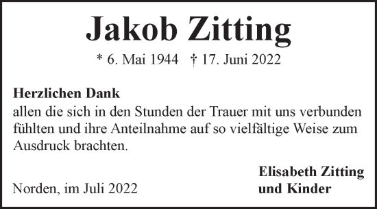 Traueranzeige von Jakob Zitting 