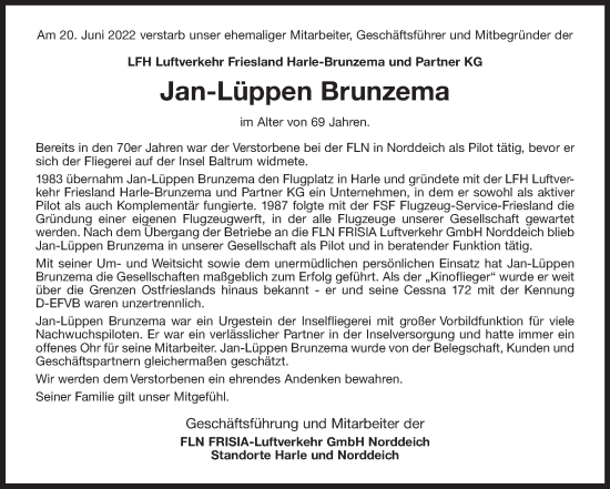 Traueranzeige von Jan-Lüppen Brunzema 