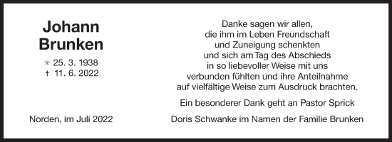 Traueranzeige von Johann Brunken 