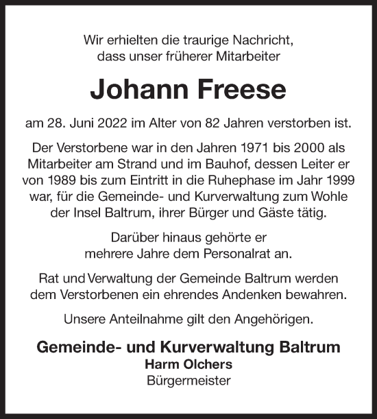 Traueranzeige von Johann Freese 
