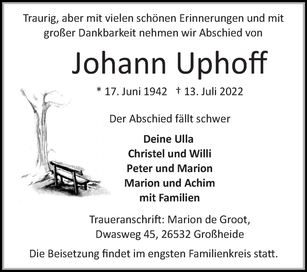  Traueranzeige für Johann Uphoff vom 23.07.2022 aus 