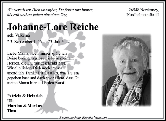 Traueranzeige von Johanne-Lore Reiche 