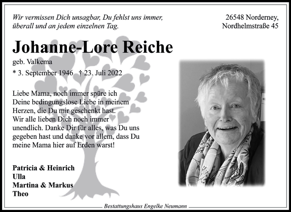  Traueranzeige für Johanne-Lore Reiche vom 30.07.2022 aus 