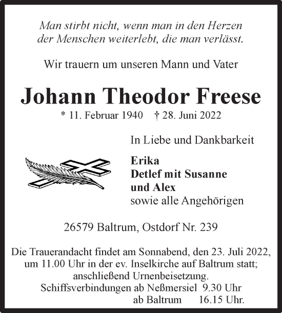 Traueranzeige von Johann Theodor Freese 