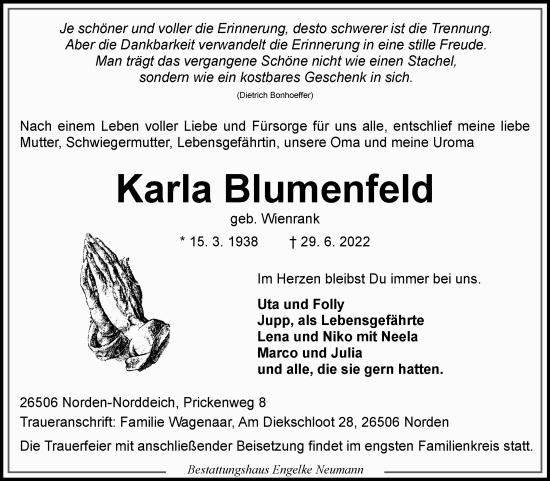 Traueranzeige von Karla Blumenfeld 