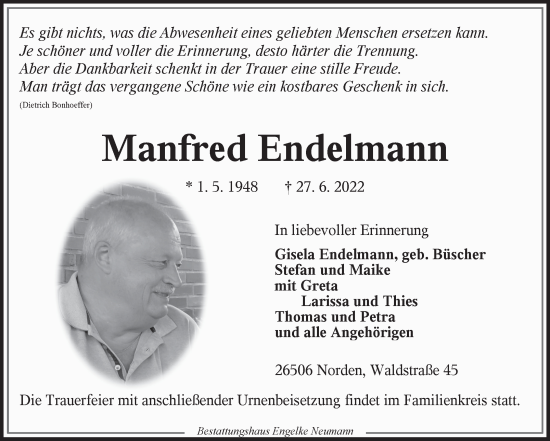 Traueranzeige von Manfred Endelmann 